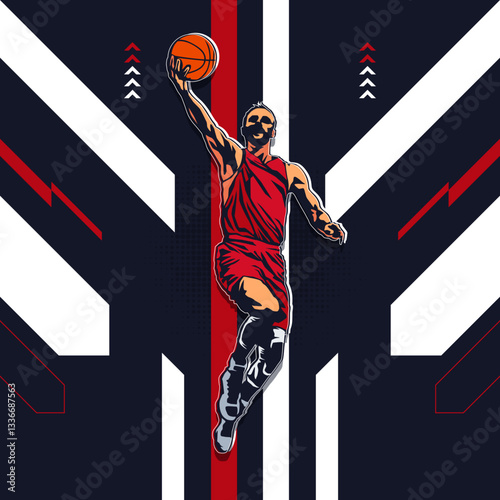 Dynamic basketball player performing a slam dunk with bold lines and geometric background. Modern sports illustration with energetic motion and a powerful, athletic pose in red and navy tones