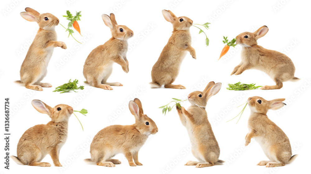 Fototapeta premium Various poses of rabbits showcasing playful behavior in a natural setting