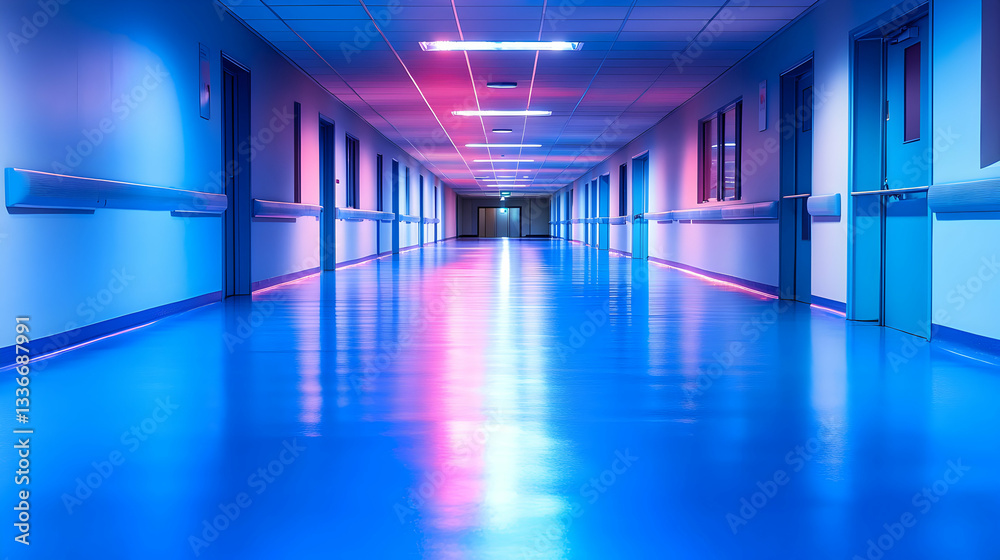 Abstract Neon-Lit Hospital Corridor with Blue and Pink Fluorescent Lighting, Modern Interior Design