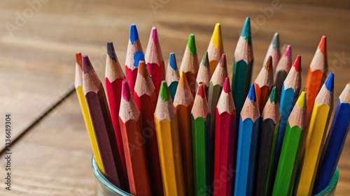 Pencils, Colorful pencils arranged on wooden table background, Aligned Rainbow pencils isolated on bright wooden table blurred background