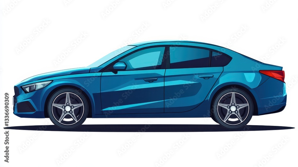 Naklejka premium A blue sedan is parked on a flat surface. The sleek design highlights its curves and modern aesthetics. The wheels and body reflect a contemporary automotive style