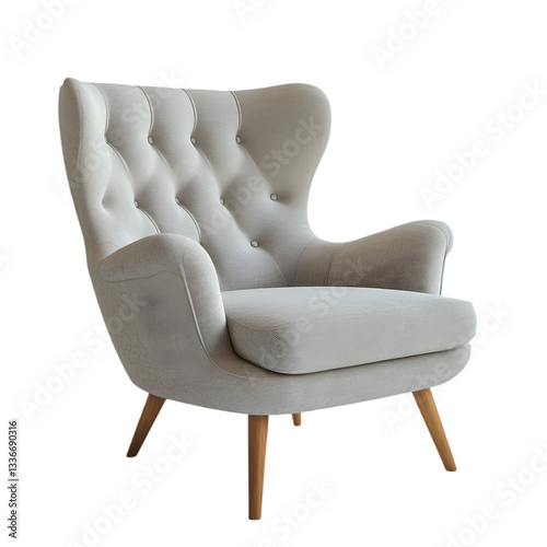Elegant Off White Wingback Armchair  Modern Button Tufted Fabric  Wooden Legs  Home Decor