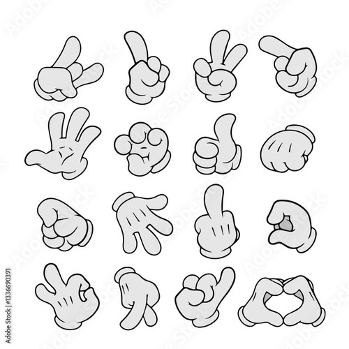 Expressive Hand Gestures in Retro Comic Style with Gloved Hands 80s 