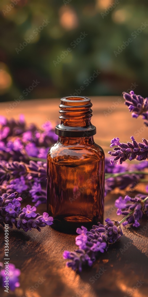 A small amber bottle sits amidst vibrant lavender flowers, capturing the essence of nature. The warm light of sunset enhances the calming atmosphere, inviting tranquility