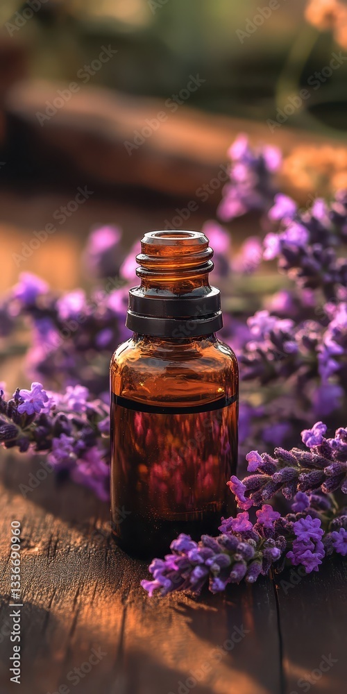 A rich amber bottle of lavender essential oil rests among vibrant purple lavender flowers on a rustic wooden surface, creating a calming and aromatic visual A rich amber bottle of lavender essential oil rests among vibrant purple lavender flowers on a rustic wooden surface, creating a calming and aromatic visual