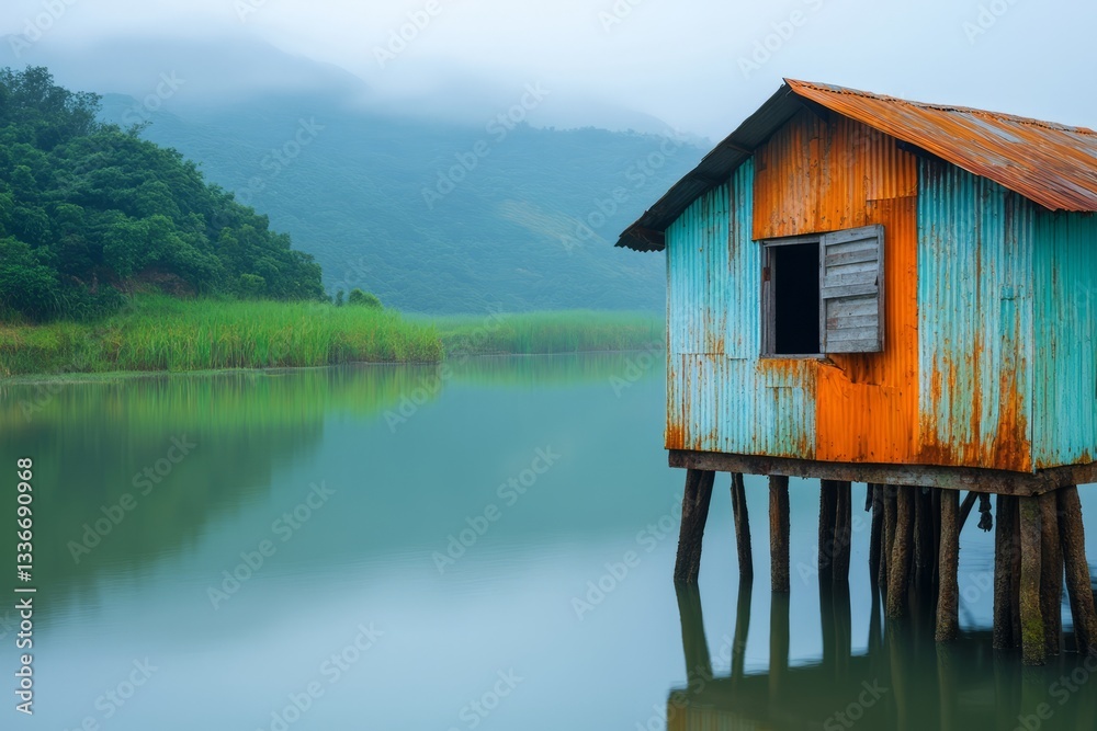 Obraz premium Calm Waters and Rustic Cabin on Stilts Surrounded by Lush Greenery and Foggy Mountains