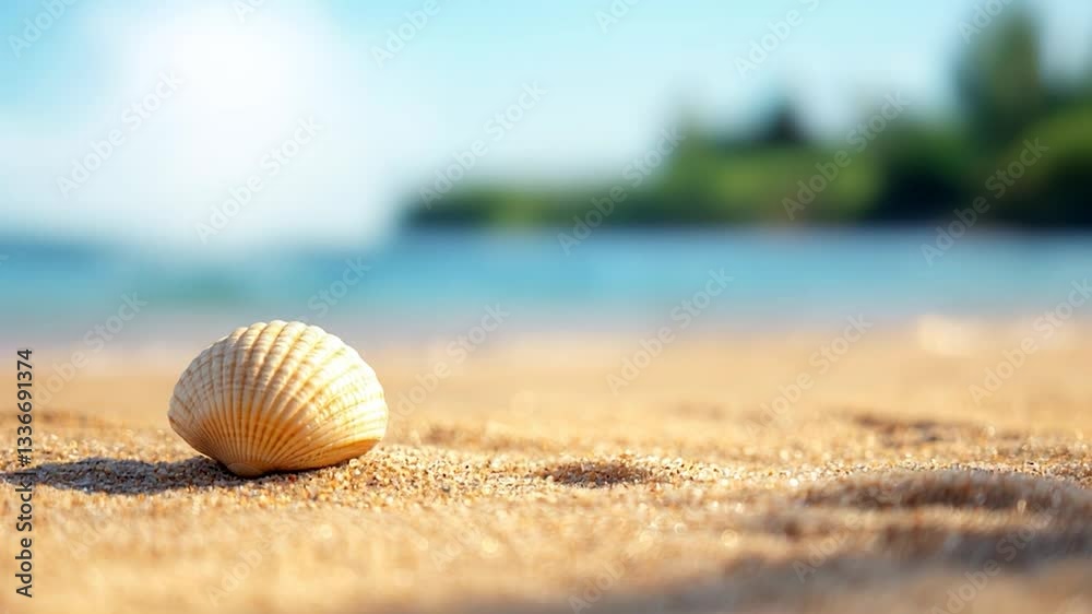 Tranquility of Summer Beautiful Seashell on Sandy Beach Embraced by Nature and Serene Ocean
