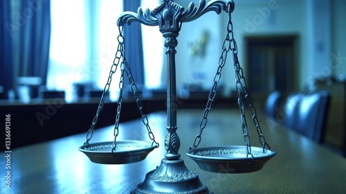 Justice scales in courtroom; legal proceedings; focus on balance; suitable for law articles, educational material, or social media posts.