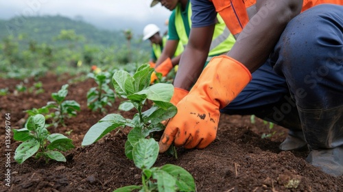 Farmers planting crops in a lush, green field on a cloudy day.