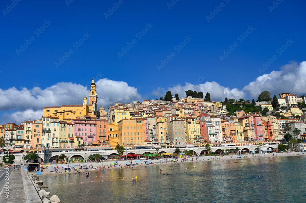 Fototapeta premium Menton city and beach cityscape, french riviera, France