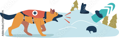 Dog rescuer found snowboarder vector illustration