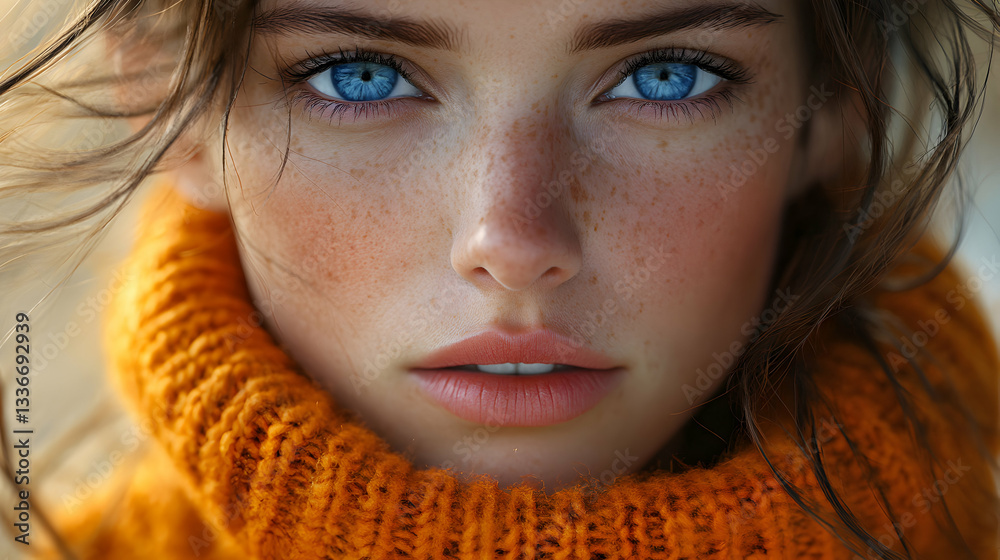 Close-up Portrait of a Woman with Freckles and Vibrant Blue Eyes, Wearing a Knitted Orange Sweater, Autumnal Theme Close-up Portrait of a Woman with Freckles and Vibrant Blue Eyes, Wearing a Knitted Orange Sweater, Autumnal Theme
