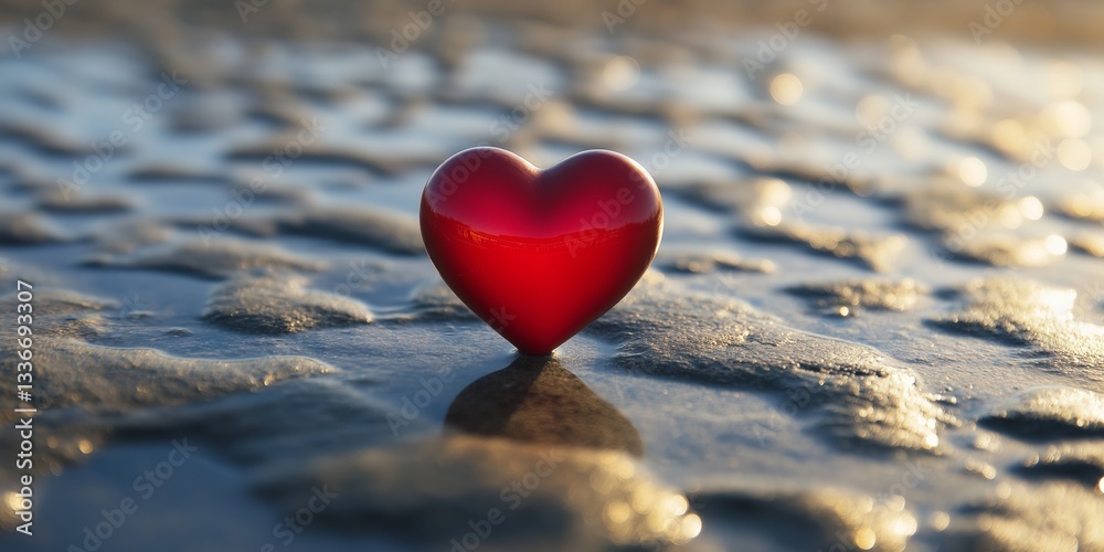 Fototapeta premium A translucent heart-shaped object resting on a textured surface, capturing warm sunset light and evoking love.