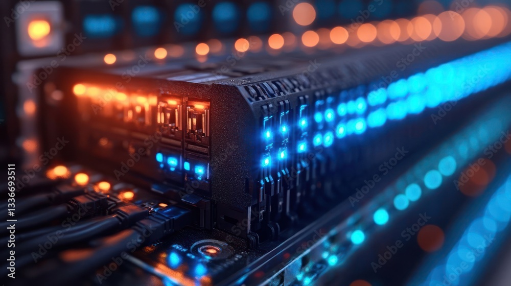 Fototapeta premium Close-up view of illuminated data server components with vibrant LED indicators in a tech environment