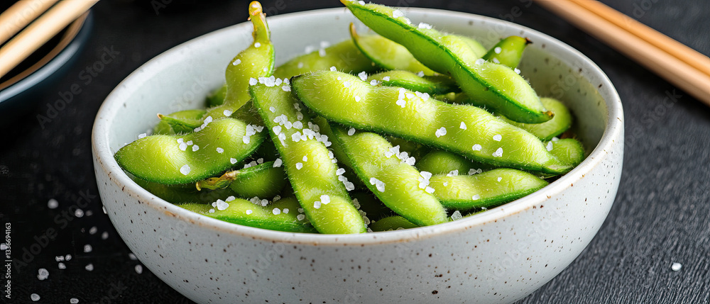 Crispy edamame pods lightly salted in bowl, perfect for snacking and sharing. Enjoy fresh taste