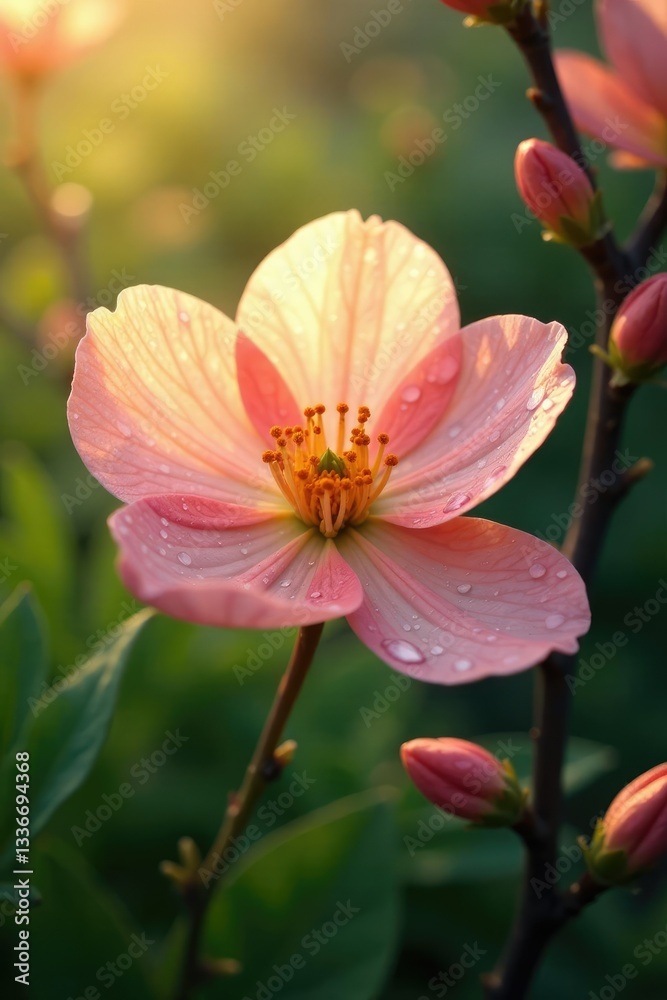 delicate apricot blossom petals unfurl in morning dew, greenery, spring blossoms, floral background delicate apricot blossom petals unfurl in morning dew, greenery, spring blossoms, floral background