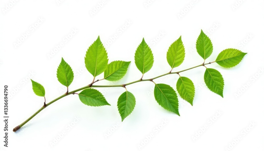 Delicate branch with leaves isolated on white background, botanical, isolation Delicate branch with leaves isolated on white background, botanical, isolation