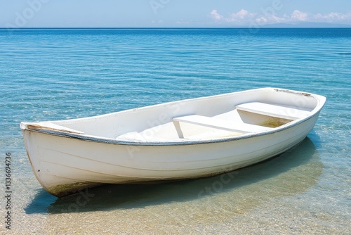 A white rowboat rests in calm, shallow, clear turquoise water near a sandy shore under a bright blue sky