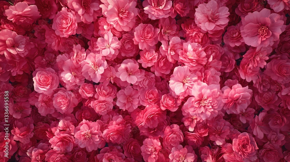 Fototapeta premium A vibrant display of various pink flowers in full bloom, creating a lush and colorful floral backdrop