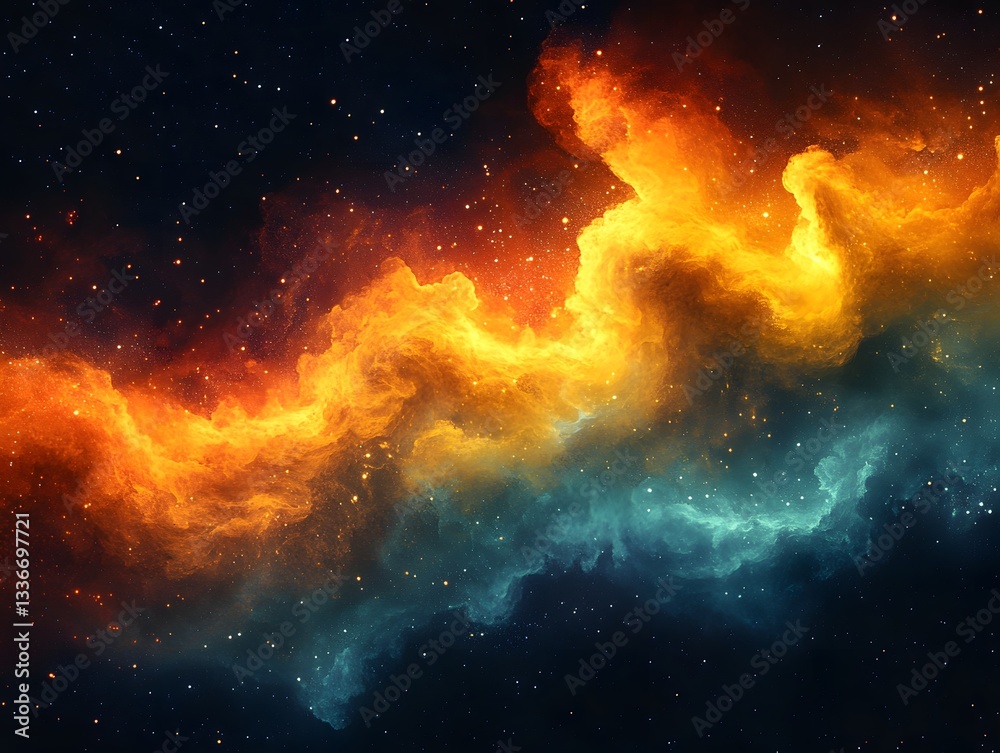 Obraz premium Celestial Symphony: A mesmerizing celestial artwork portrays a nebula, its colors shifting from fiery orange and gold to cool blues, evoking a sense of cosmic wonder and the vastness of the universe.