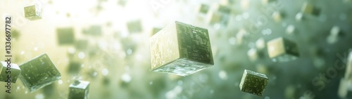 Floating Abstract Cubes with Light Effects and Depth in Green Space