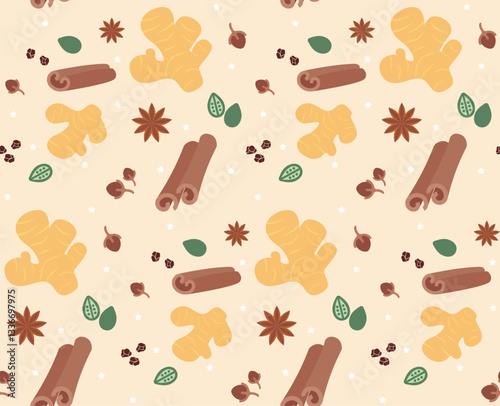 Seamless vector pattern featuring ginger roots, cinnamon sticks, star anise, cloves, and leaves. Perfect for culinary themes or designs with an organic and spice-oriented aesthetic.