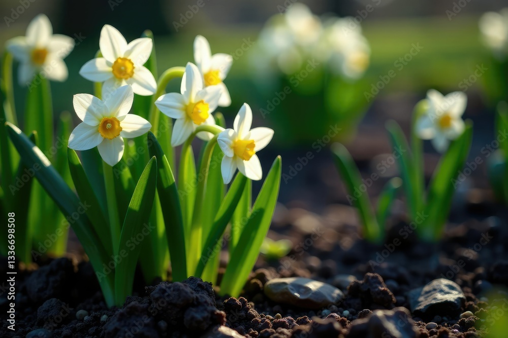 Green hyacinth flowers with yellow centers on a dark grey soil background, blooming in early spring, flower field, blooms, green Green hyacinth flowers with yellow centers on a dark grey soil background, blooming in early spring, flower field, blooms, green
