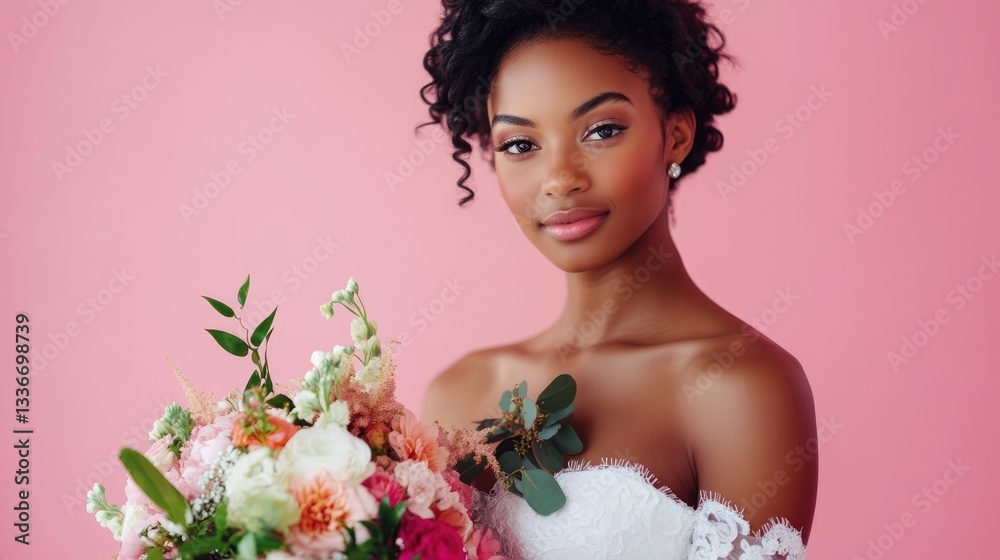 Elegant bride holding a vibrant floral bouquet against a soft pink background, showcasing beauty and joy Elegant bride holding a vibrant floral bouquet against a soft pink background, showcasing beauty and joy