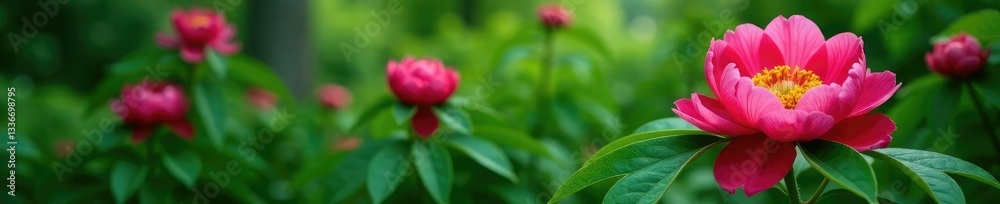 Green leaves with peony flowers in background, tree peony, foliage, garden Green leaves with peony flowers in background, tree peony, foliage, garden