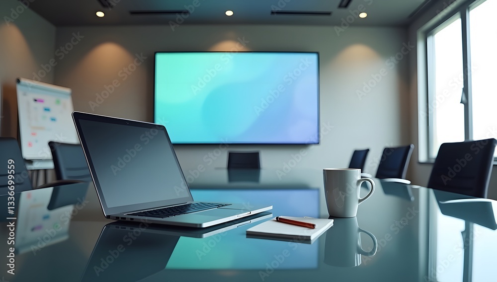Conference Table with Open Laptop and Office Supplies Conference Table with Open Laptop and Office Supplies