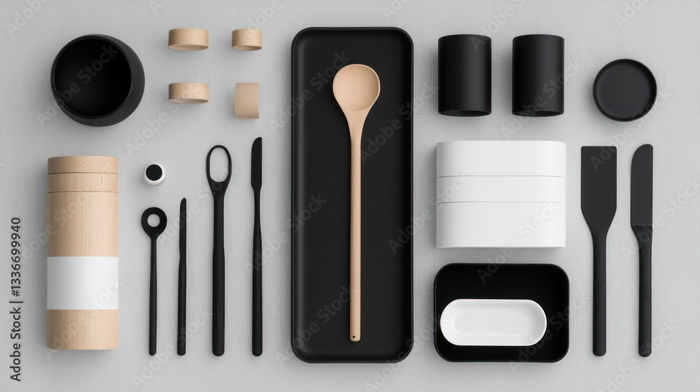 Modern Kitchen Utensils and Containers: Minimalist Flat Lay Photography Modern Kitchen Utensils and Containers: Minimalist Flat Lay Photography