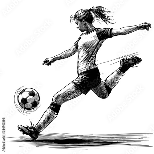 Female soccer player kicking a ball.