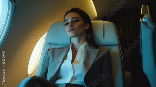 Elegant woman in a business suit relaxing in a private jet, with soft lighting creating a serene atmosphere