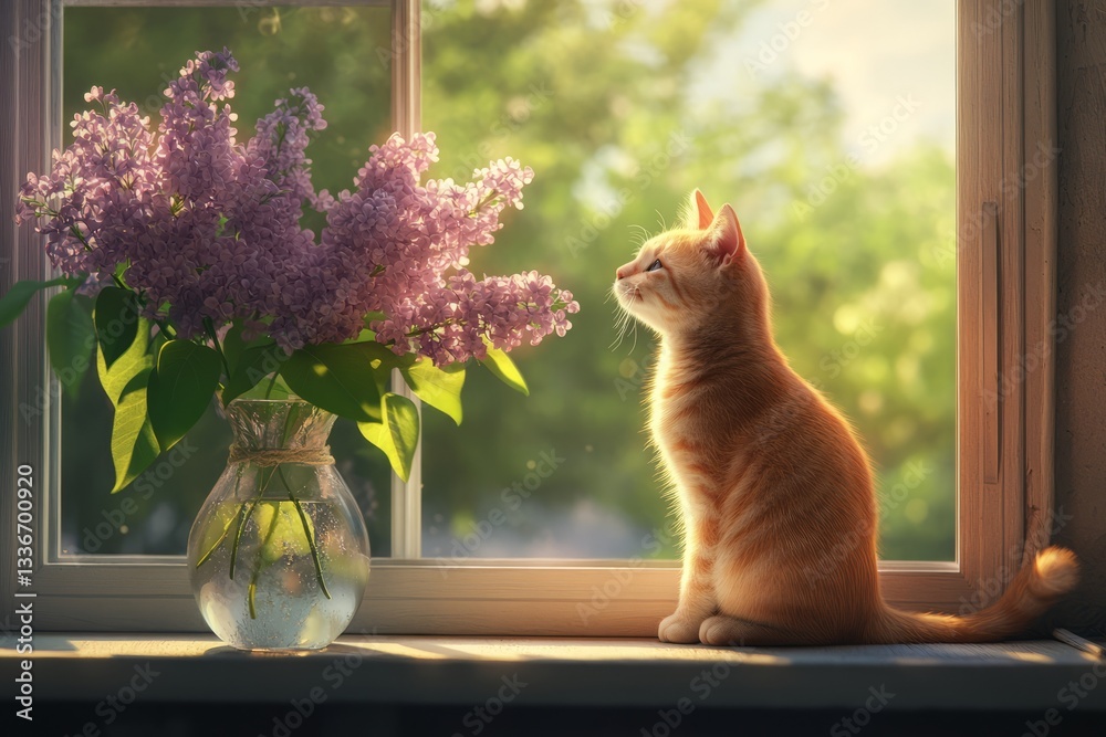 Orange cat gazing at lilac flowers in a sunlit window during early morning hours
