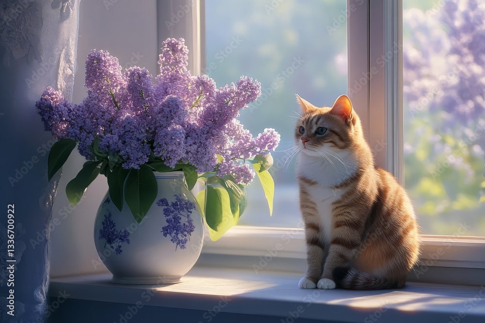 Striped cat sitting by the window with blooming lilacs in soft morning light, creating a peaceful indoor atmosphere