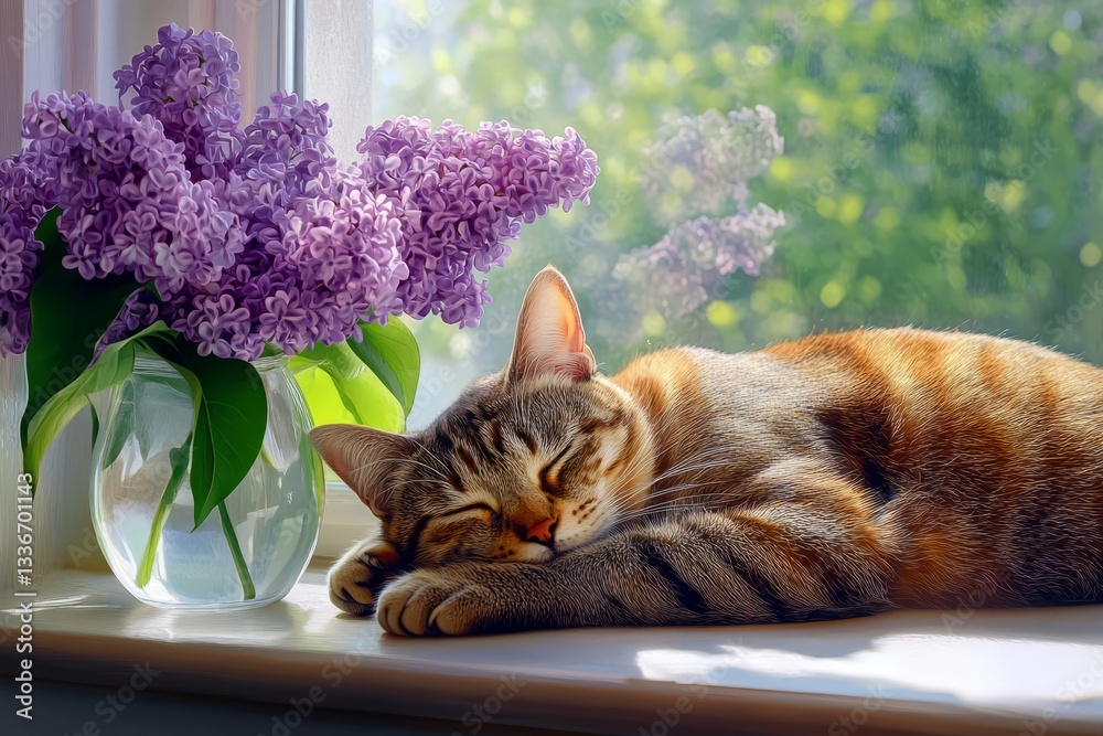 Cat relaxing by lilac flowers in a sunlit window on a calm afternoon
