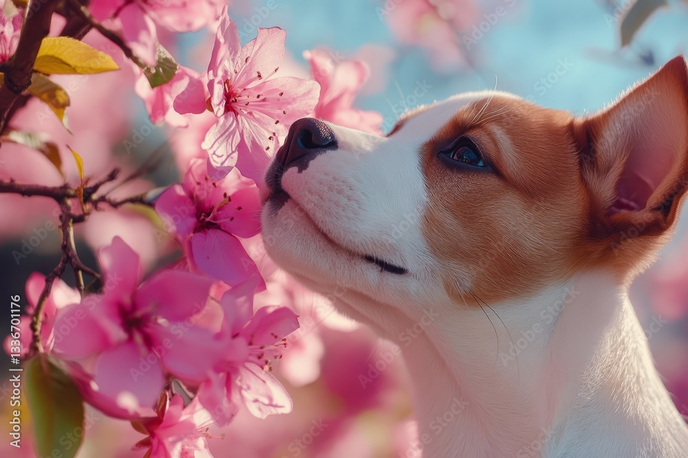 Dog enjoying springtime blossoms in a vibrant garden filled with pink flowers