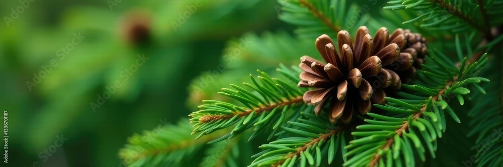 Fototapeta premium Pine cone nestled among lush green fir branches, pinecone, foliage, branch