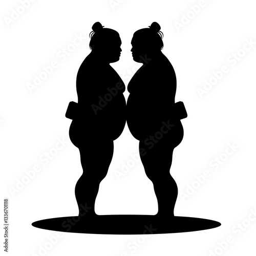 Two sumo wrestlers standing face to face on circular base