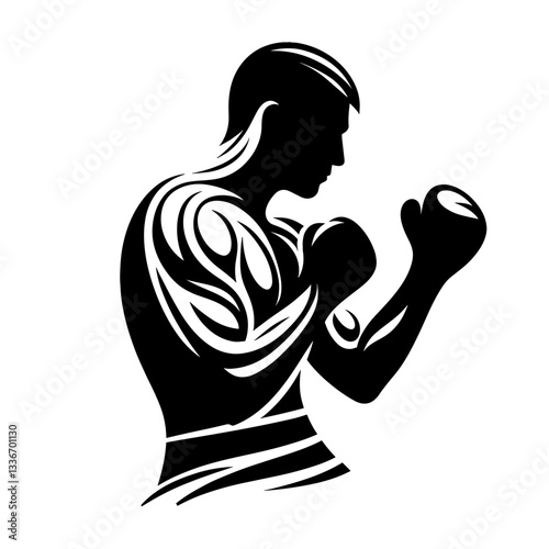 Silhouette of a boxer preparing to punch against plain background