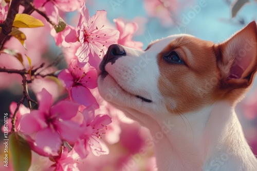 Obraz na płótnie Dog enjoying springtime blossoms in a vibrant garden filled with pink flowers w salonie