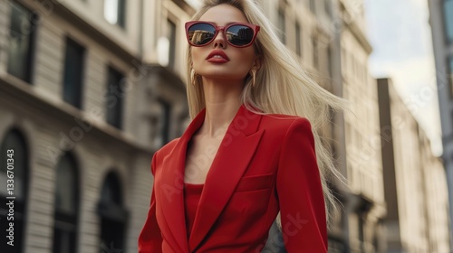 Confident woman in red suit and sunglasses walking in urban street, showcasing fashion and city life