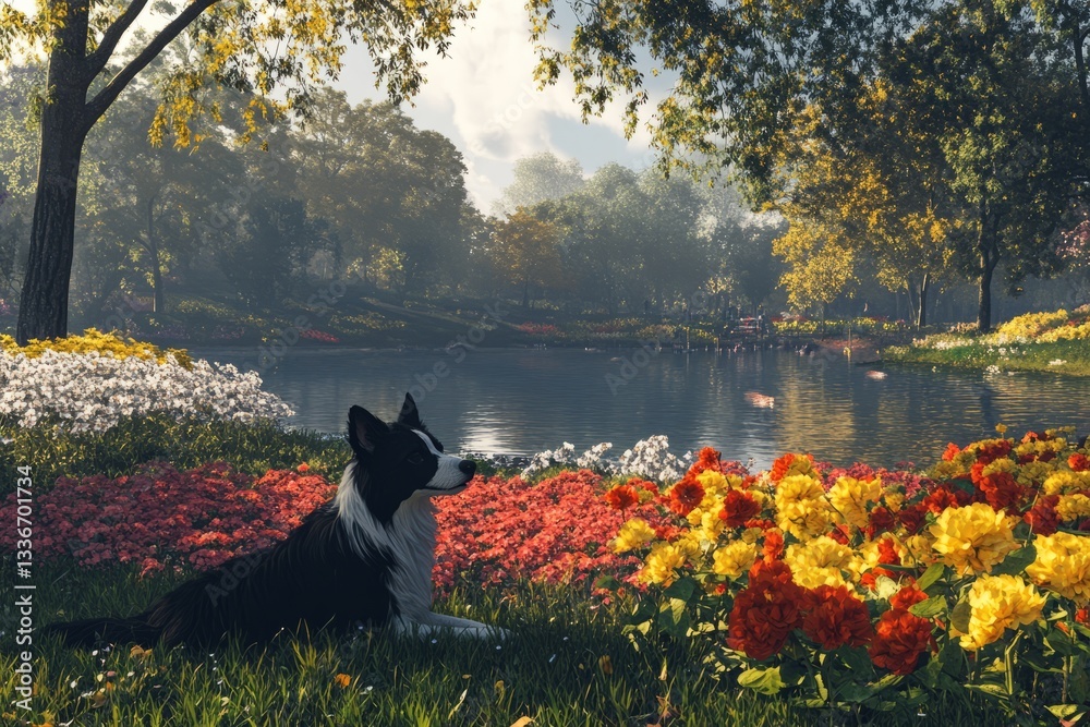 Calm border collie rests among vibrant flowers near a serene lake in a lush park during a sunny afternoon