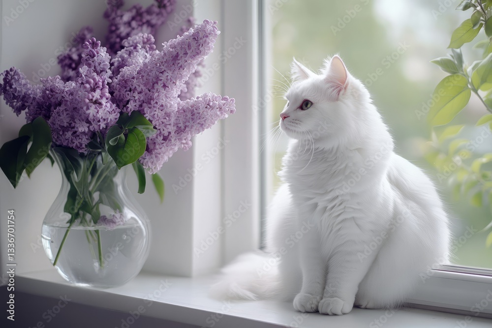 White cat sitting on a windowsill near a vase of lavender flowers on a sunny day