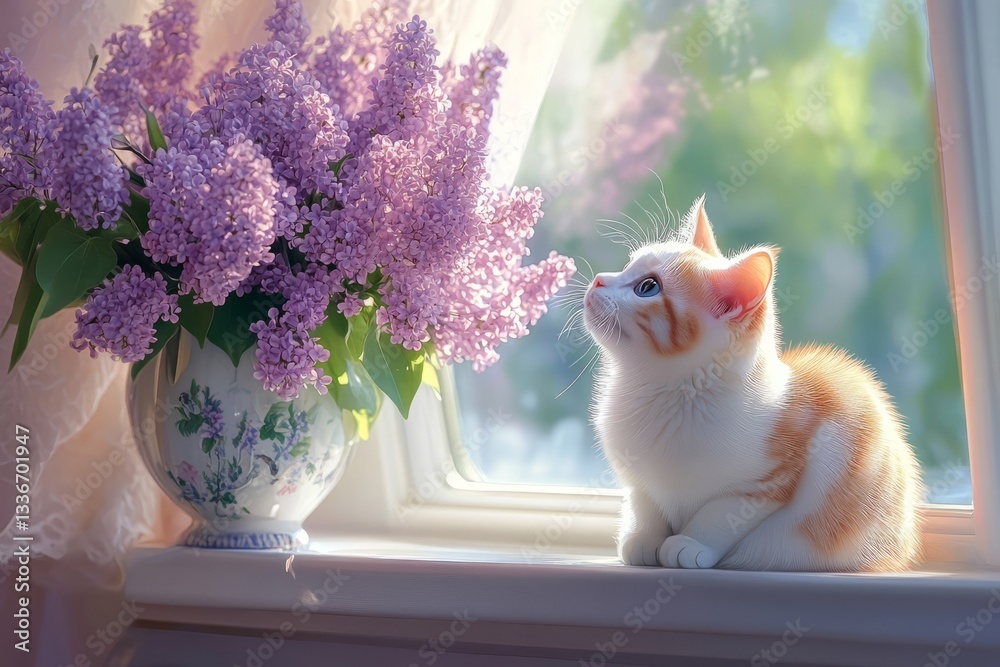 Cat gazes at lilac flowers in a sunlit window during a tranquil afternoon