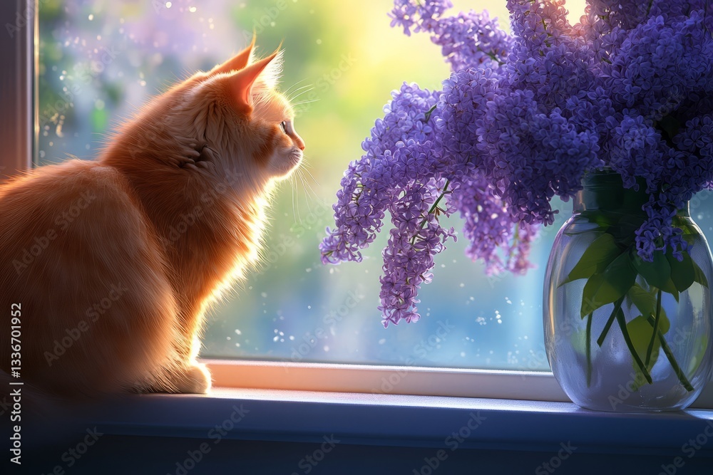 Cozy orange cat gazes at lilac flowers in bright window light during a tranquil afternoon