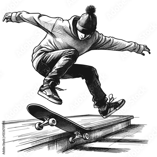 Skateboarder doing trick on ramp in black and white drawing.