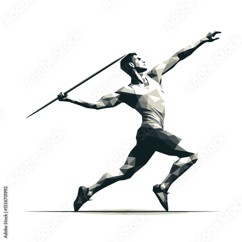 Polygon man exerts javelin against white backdrop.