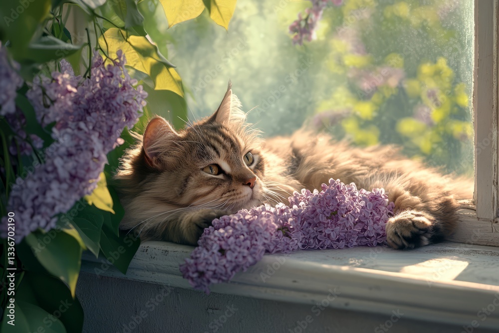 Cat lounging peacefully by a window with blooming lilacs on a sunny day