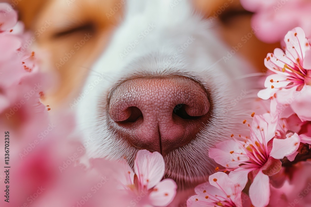 Dog peacefully resting among blooming pink flowers in a serene outdoor setting during springtime